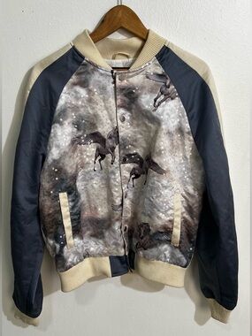 Premium Pegasus Print Bomber Jacket - Cream & Navy